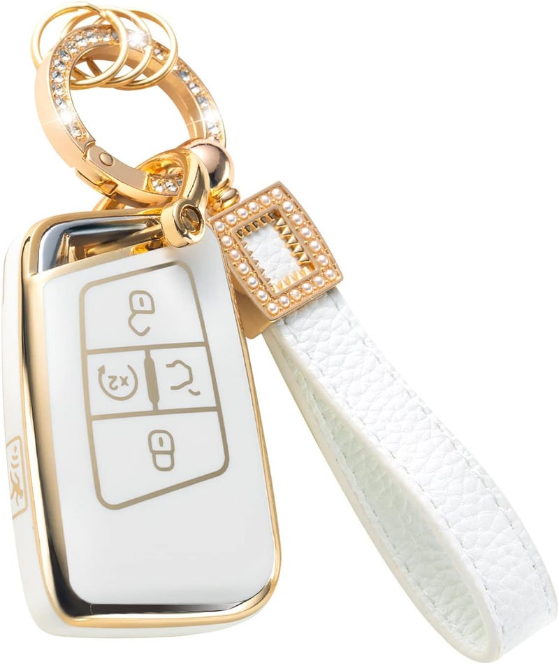 CACARLIKE for VW Volkswagen Key Fob Cover with Leather Lanyard, Car Key Fob Case Compatible with Tiguan Jetta GLI Atlas Cross Sport Arteon Taos SEL Smart Key Protector Holder - Image 1